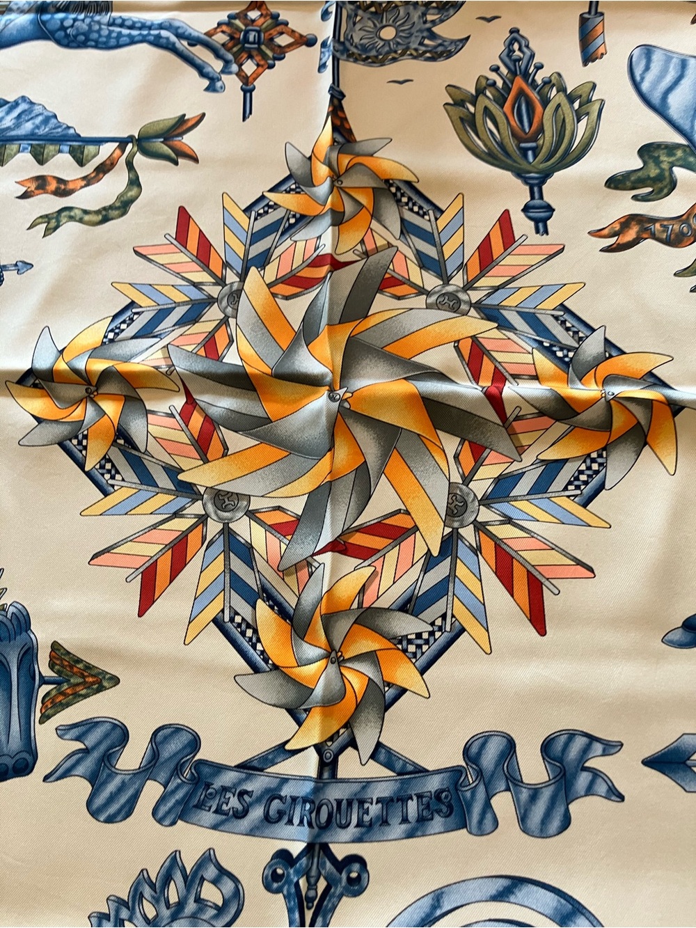 Hermes Blue and Cream Silk Scarf with Carousel Horse Motif - Picture 4 of 11
